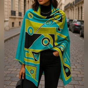 Vintage Féraud Paris Geometric Print Oversized Scarf Turquoise, Lime & Black